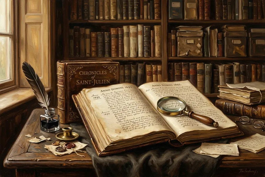 Antique archival research desk with open registers, magnifying glass, and old book volumes